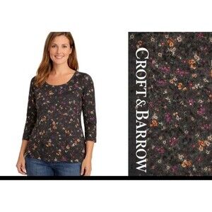 NWT CROFT BARROW Womens M Floral 3/4 Sleeve 100% Cotton Pullover Tee Top Brown